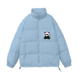 Cute Party Panda Graphic Light Blue Puffer Jacket | Kawaii Winter Zip-Up Coat