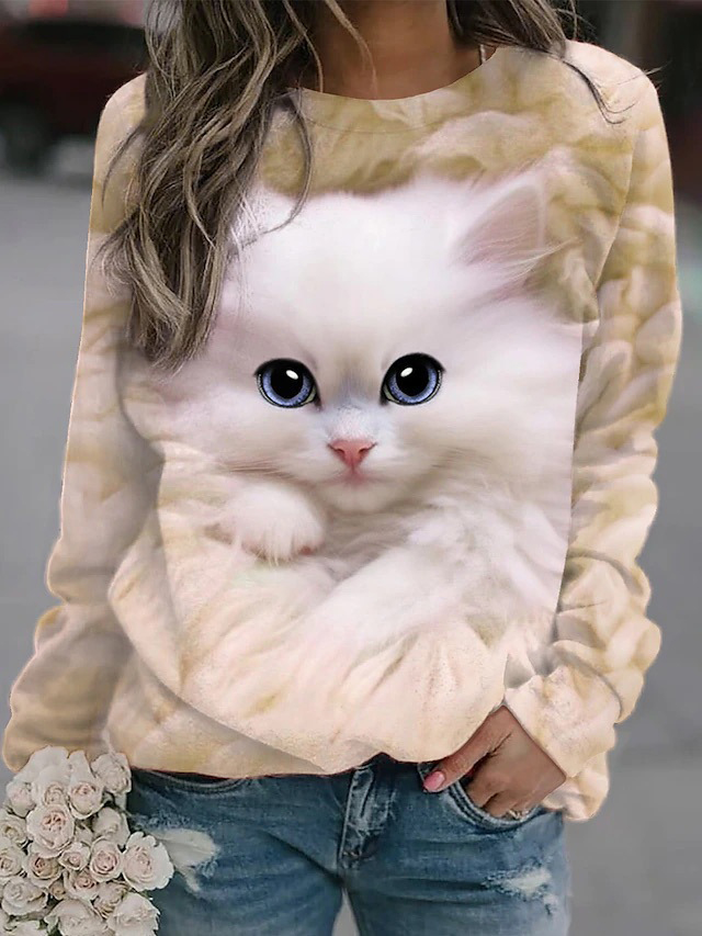 Crewneck Cat Print Sweatshirt - Image 5