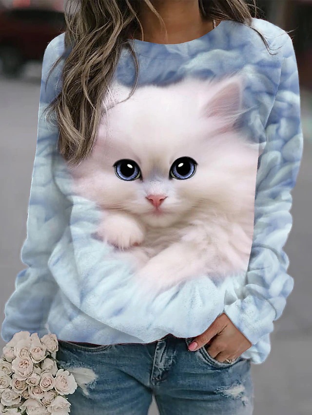 Crewneck Cat Print Sweatshirt - Image 3