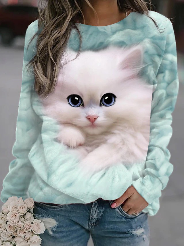 Crewneck Cat Print Sweatshirt - Image 6