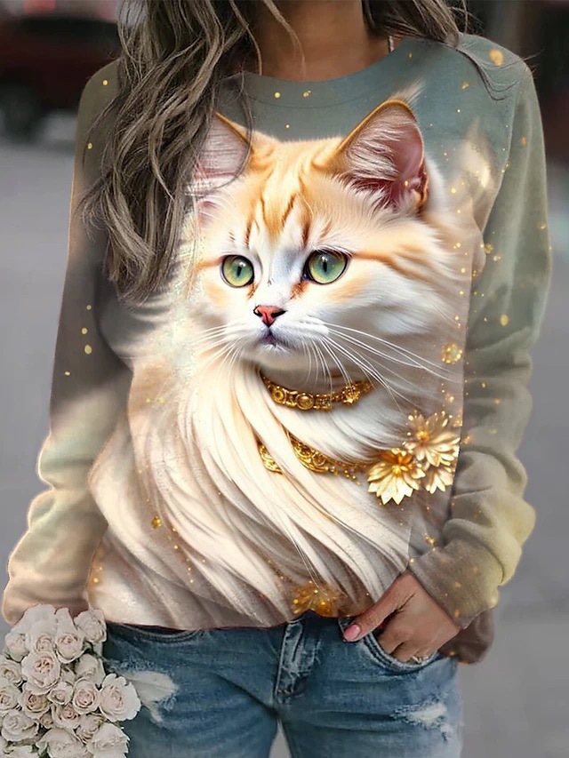 Crewneck Cat Print Sweatshirt