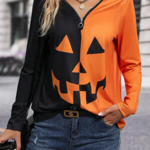 Women's Halloween Pumpkin Contrast Print Zipper V-Neck Long Sleeve T-Shirt