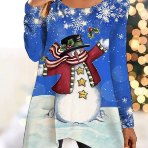 Women's Christmas Snowman Snowflake Print Irregular Hem Long Sleeve Top