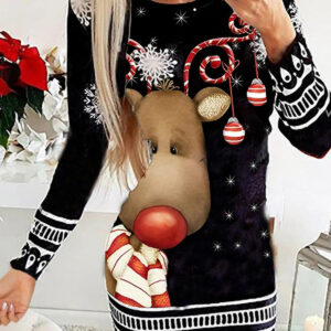 Women's Christmas Elk Print Round Neck Long Sleeve Dress