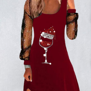 Women's Christmas Wine Glass Printed Mesh Splicing A-Line Dress