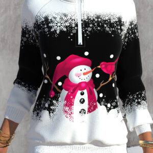 Women's Christmas Snowman Print Zipper Stand Collar Sweatshirt