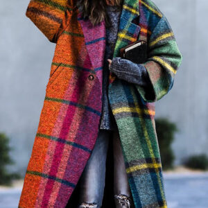 Women's Retro Colorful Plaid Print Thick Mid-Length Woolen Coat