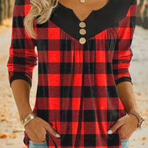 Women's Retro V-Neck Smocked Christmas Plaid Print Top Long Sleeve T-Shirt