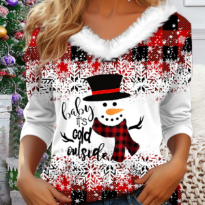 Women's Christmas Snowman Print Long Sleeve V-Neck Top