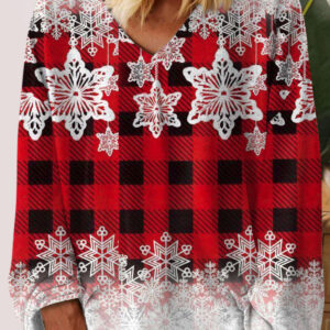 Women's Retro Christmas Snowflake Plaid Print V-Neck Long Sleeve T-Shirt