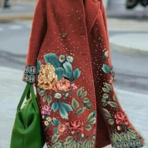 Women's Retro Floral Print Thick Mid-length Woolen Coat