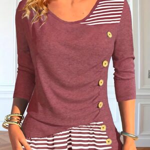 Women's Striped Print Stitching Contrast Color Casual Button Long-sleeved T-shirt
