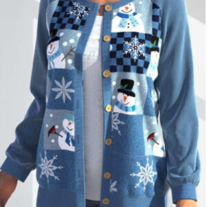 Women's Autumn And Winter 3D Snowman Print Color Matching Long-sleeved Knitted Cardigan