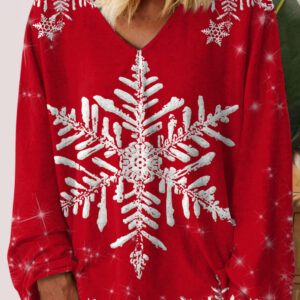 Women's Retro Christmas Snowflake Print V-Neck Long Sleeve T-Shirt