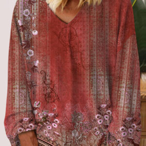 Women's Retro Floral Gradient Print V-Neck Long Sleeve T-Shirt