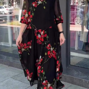 Women's Floral Chiffon 3/4 Sleeves Swing Maxi Dress