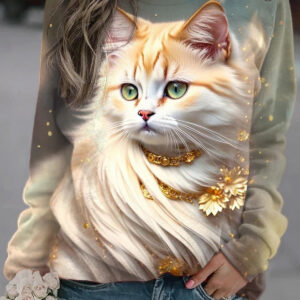 Women's Cute Kitten Print Round Neck Long Sleeve Sweatshirt