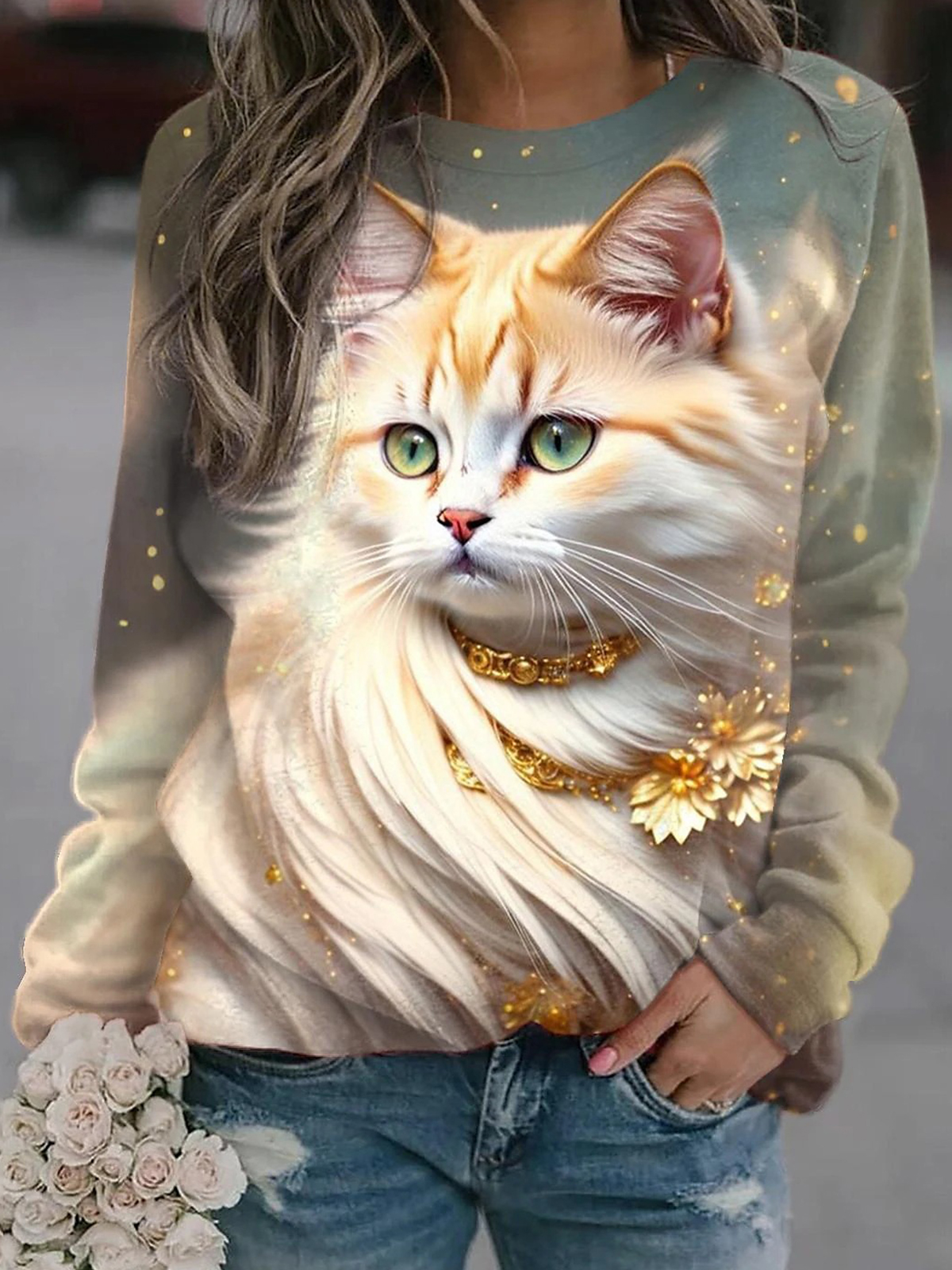 Women's Cute Kitten Print Round Neck Long Sleeve Sweatshirt