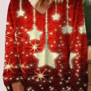 Women's Retro Christmas Snowflake Print V-Neck Long Sleeve T-Shirt