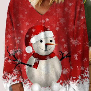 Women's Retro Christmas Snowman Print V-Neck Long Sleeve T-Shirt