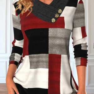 Women's Geometric Graphic Contrast Print V-Neck Casual Long Sleeve Top