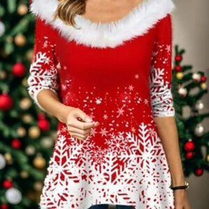 Women's Christmas Printed Fur Collar Splicing V-neck Irregular Long-sleeved T-shirt