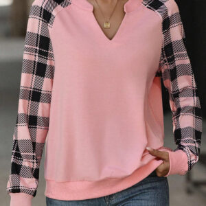 Women's Retro Plaid Printed Raglan Sleeves And V-neck Sweatshirt