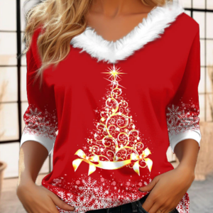 Women's Christmas Print Long Sleeve V-Neck Top