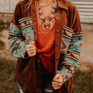 Flannel Panel Aztec Geometric Shirt Jacket For Women