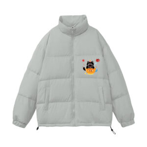 Cute Party Teacup Black Cat Dusty Purple Puffer Jacket