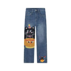 Party Hat Teacup Black Cat Graphic Straight Leg Denim Jeans