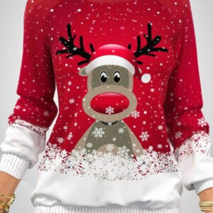 O-Neck Christmas Cartoon Elk Print Casual Long-Sleeved Sweatshirt