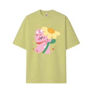 Cute Pink Bunny Holding Flower Light Blue Oversized T-Shirt