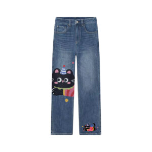 Cute Party Black Cat Graphic Straight Leg Denim Pants