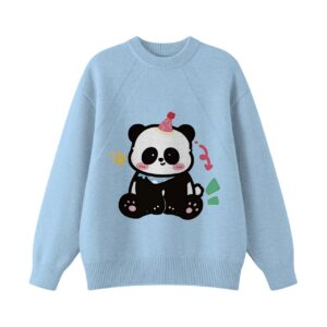 Cute Party Panda Graphic Light Blue Crewneck Knit Sweater