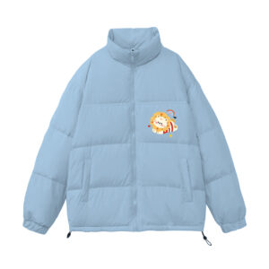 Cute Rainbow Baby Lion Graphic Light Blue Puffer Jacket | Kawaii Winter Zip-Up Coat