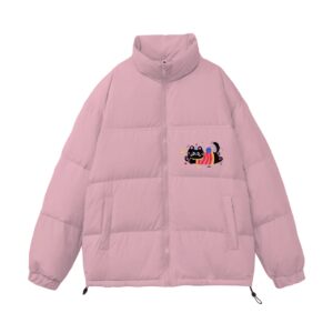 Cute Yarn Ball Black Cat Graphic Light Gray Puffer Jacket