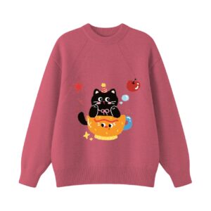 Cute Party Teacup Cat Dusty Purple Crewneck Knit Sweater