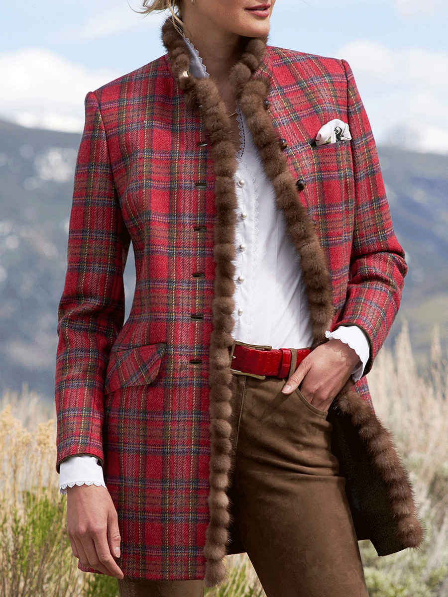 Women's Stand Collar Frayed Plaid Woolen Coat