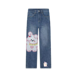 Cute Kawaii Bunny Graphic Wide Leg Jeans | Unique Cartoon Rabbit Denim Pants