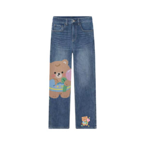 Cute Bear Graphic Wide Leg Jeans | Unique Kawaii Cartoon Straight Denim Pants