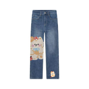 Cute Kawaii Cat Graphic Wide Leg Jeans | Unique Cartoon Straight Denim Pants