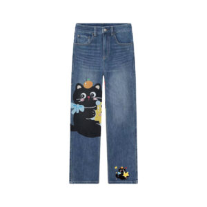 Cute Star Hug Black Cat Graphic High Waist Straight Leg Jeans