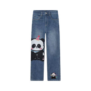 Cute Party Panda Graphic Wide Leg Jeans | Unique Kawaii Straight Denim Pants