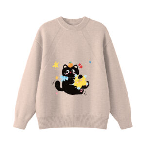 Cute Star Hug Black Cat Pink Crewneck Knit Sweater