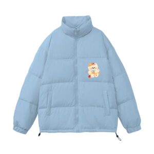 Cute Cherry Cat Graphic Lavender Puffer Jacket | Kawaii Winter Warm Zip-Up Coat