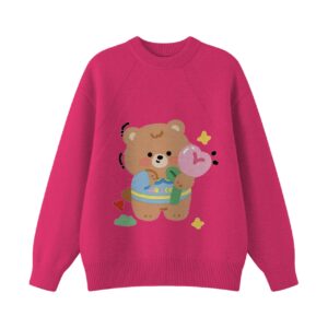 Cute Heart Balloon Teddy Bear Graphic Purple Crewneck Sweater