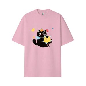 Cute Star Hug Black Cat Graphic Light Gray Casual T-Shirt