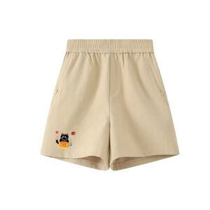 Cute Teacup Party Black Cat Beige Elastic Waist Casual Shorts