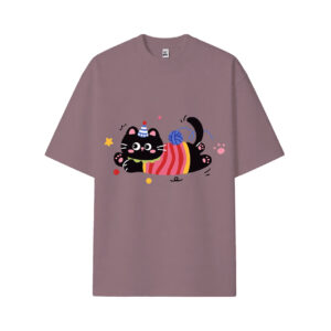 Cute Party Yarn Ball Black Cat Graphic Rose Pink Casual T-Shirt